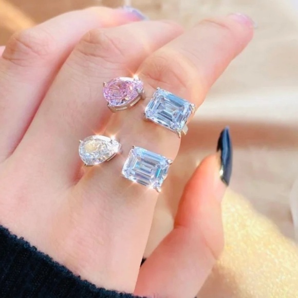 Sterling Silver Water Drop Zircon Stone Adjustable Ring Sparkly Luxury Floating - Picture 15 of 17